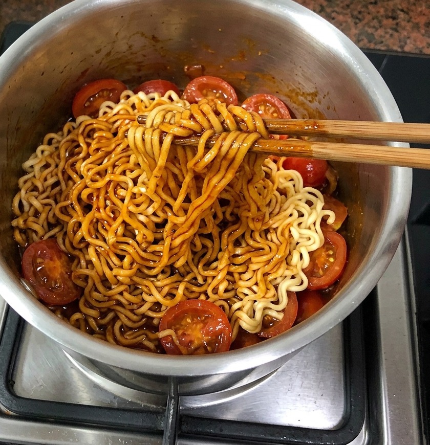 젓가락으로 라면 면발을 들어 올리며 새빨간 토마토 불닭 소스가 골고루 묻도록 잘 섞어주는 모습.