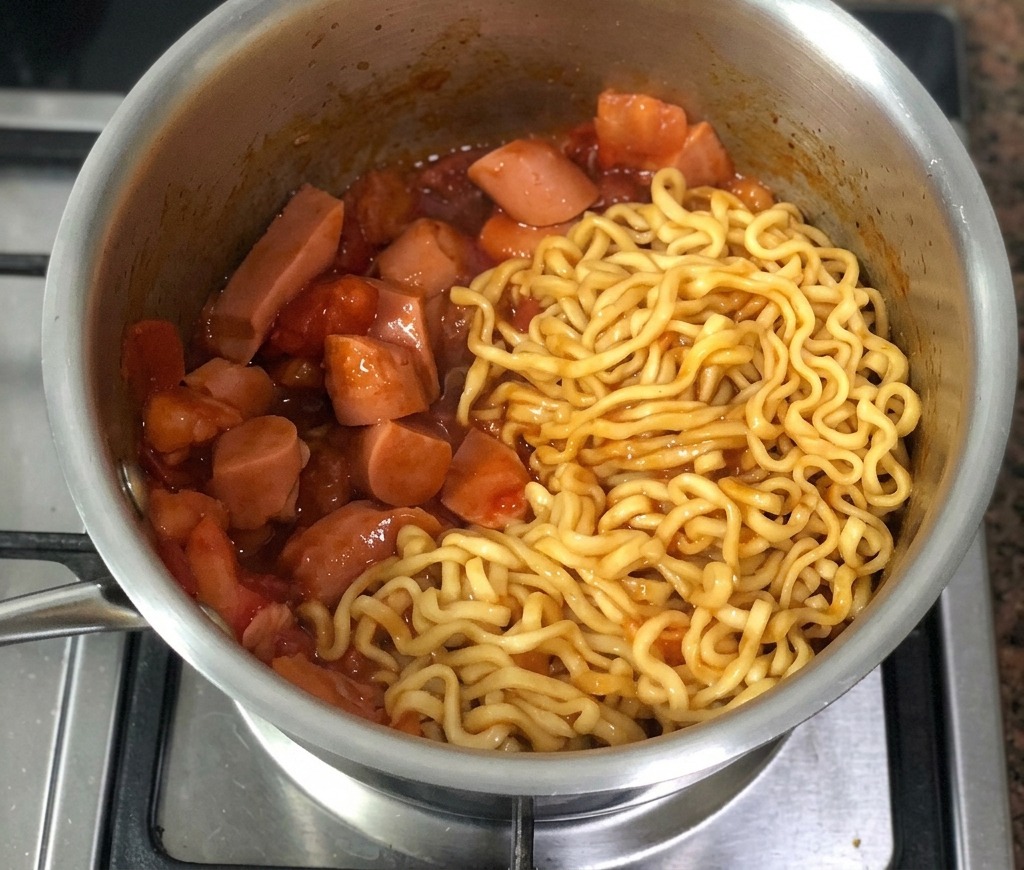 토마토 조각과 햄 소시지가 어우러져 걸쭉하고 윤기 나는 빨간 소스로 코팅된 완성된 불닭볶음면.