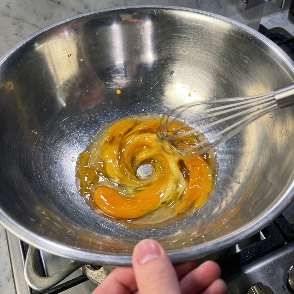 끓는 물이 담긴 냄비 위에 올려진 스테인리스 볼에서 밝은 노란색의 달걀노른자를 거품기로 격렬하게 젓는 모습.