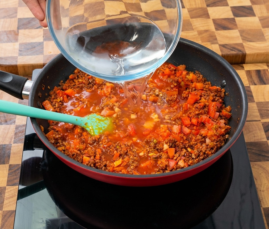 붉은 고기와 토마토 소스 베이스가 가득 찬 큰 팬에 유리 볼로 맑은 물을 붓는 모습.