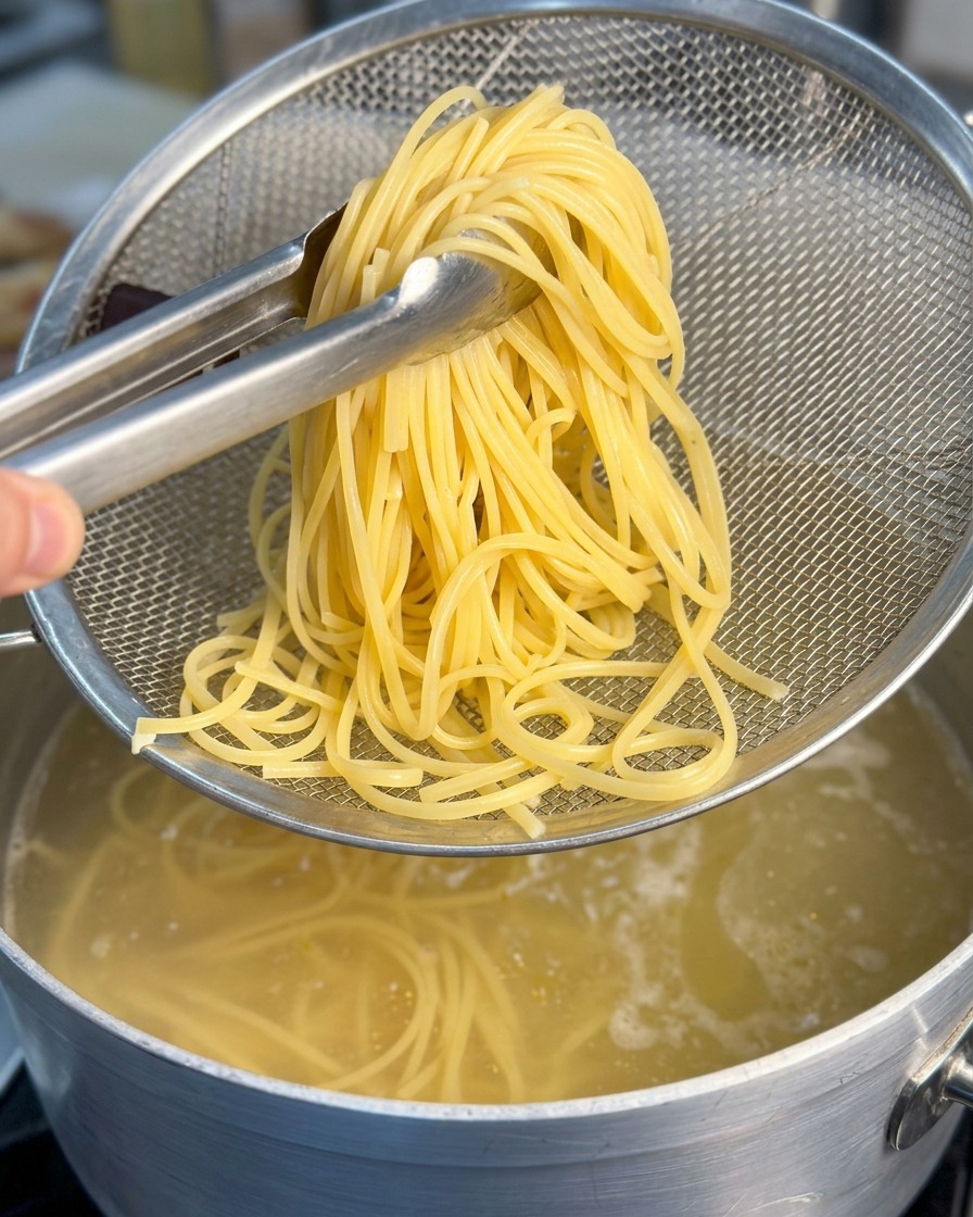 끓는 물이 담긴 냄비 위로 집게를 이용해 노란 스파게티 면 한 묶음을 금속 채반에 건져 올리는 모습.