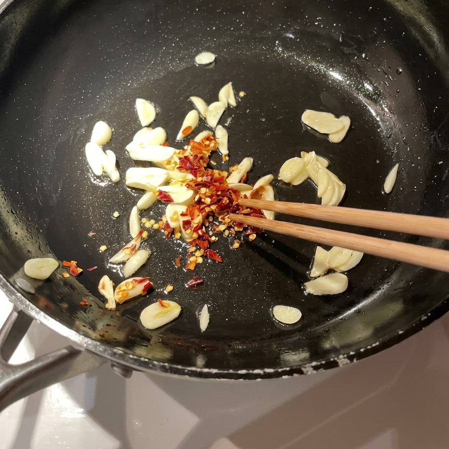 오일에서 지글지글 익어가는 향긋한 마늘 슬라이스 팬에 크러쉬드 레드페퍼 플레이크를 섞는 모습