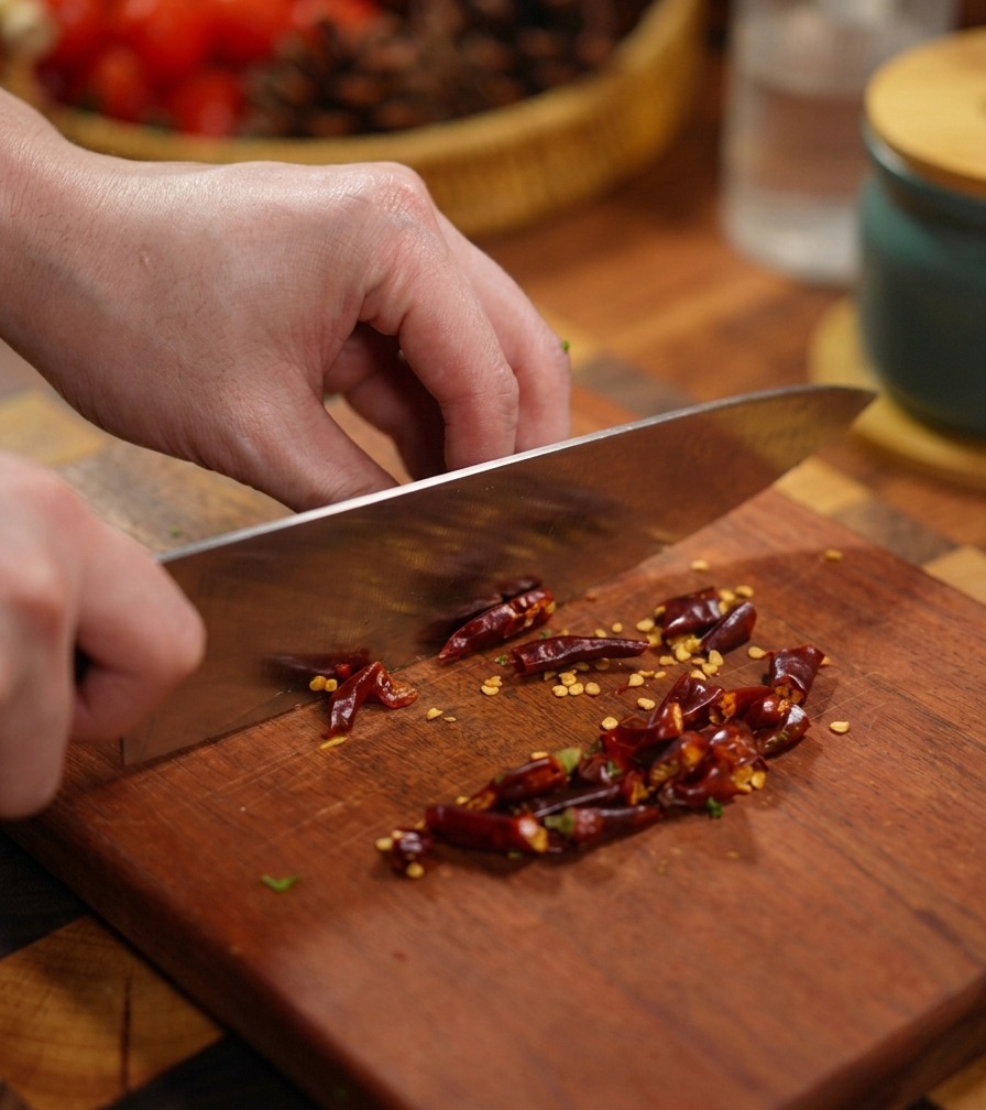 스테인리스 칼을 사용해 나무 도마 위에서 건고추를 작은 크기로 자르는 손, 고추씨가 도마 위에 보이는 모습