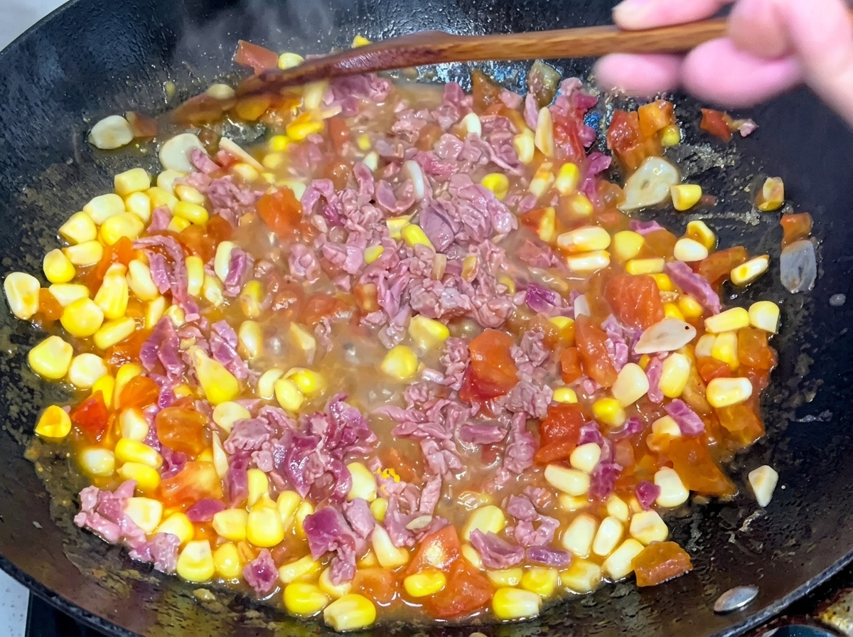검은색 웍에서 나무 주걱으로 소고기, 옥수수 알갱이, 토마토 소스를 함께 볶는 모습