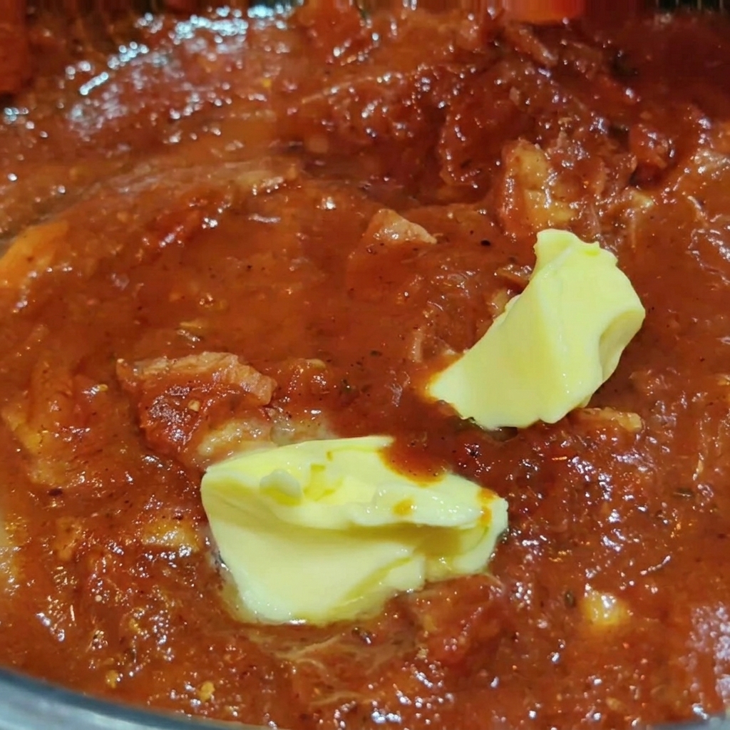 보글보글 끓는 빨간 토마토 베이컨 소스에 노란 버터 조각을 넣어 녹이는 모습