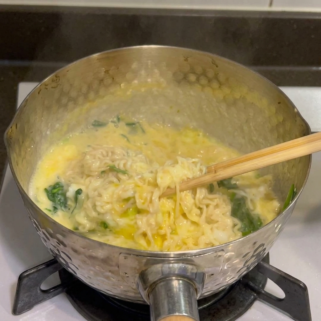 냄비에 담긴 부드러운 치즈 라면과 시금치 위에 후춧가루를 뿌려 양념하는 근접 샷