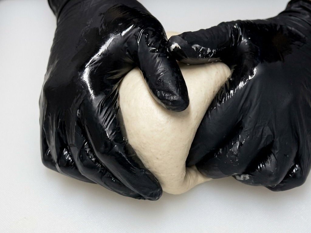 검은 장갑을 낀 손으로 피자 반죽을 하얀 도마 위에서 굴리며 매끄럽고 둥근 공 모양을 만드는 모습.