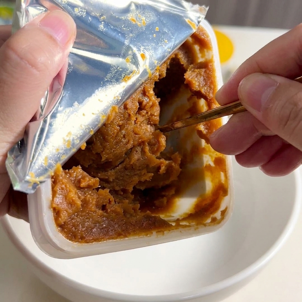 끓는 크리미한 육수에 미소 된장을 넣고 젓는 모습.