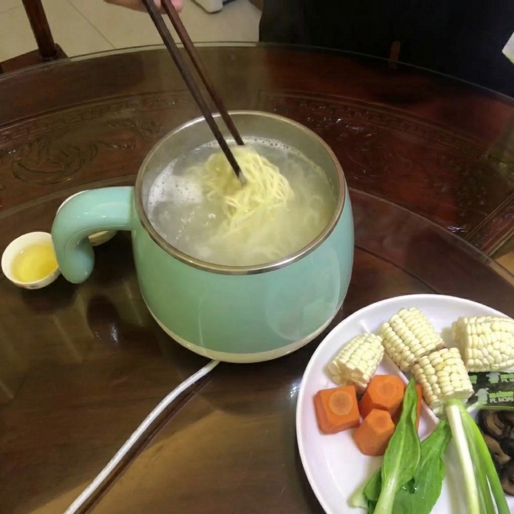 냄비에서 삶아진 라멘 면이 물기를 빼기 위해 대기 중인 모습.