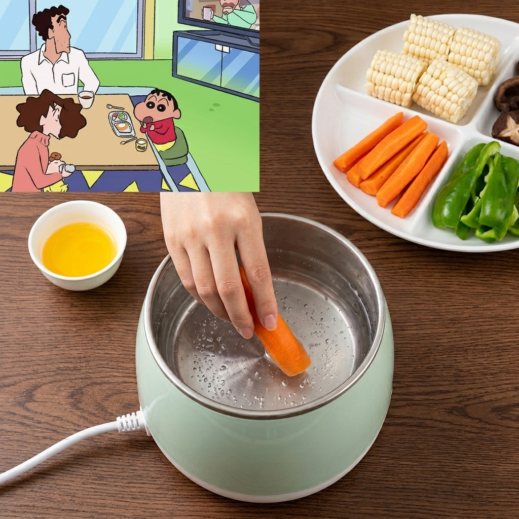 채 썬 당근, 옥수수, 버섯 등 신선한 채소가 물에 담긴 냄비 모습.