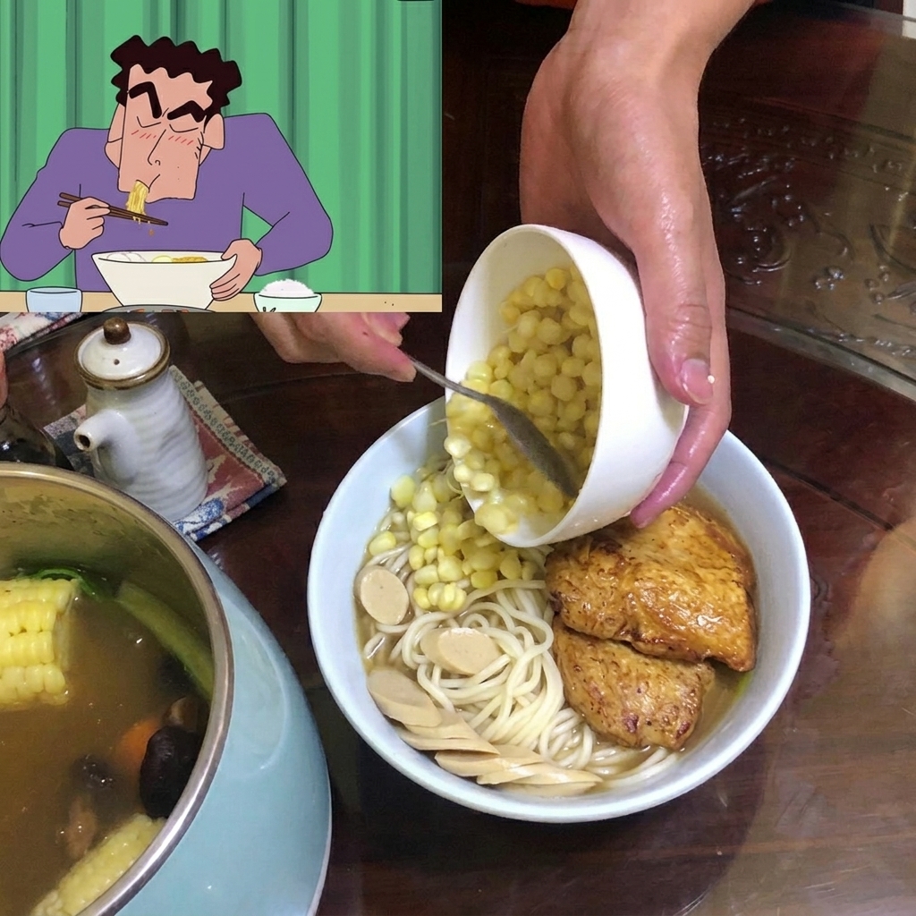 끓는 육수에 치킨 파우더를 넣는 모습.