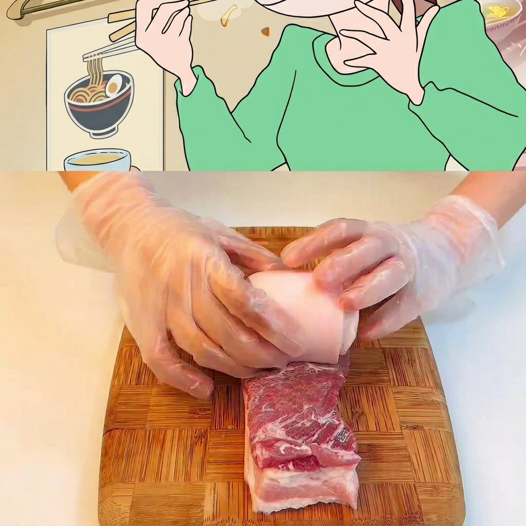 나무 도마 위에서 삼겹살을 둥글게 말아 명주실로 묶는 모습.