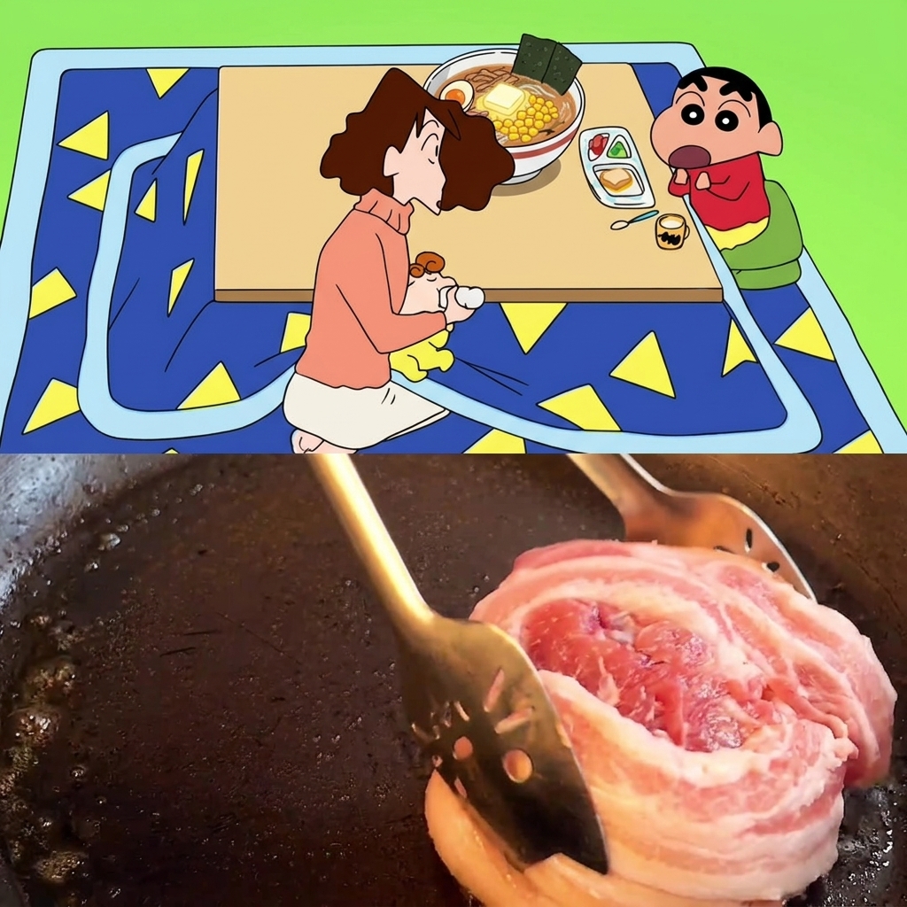 뜨거운 팬에서 삼겹살 롤의 겉면을 갈색으로 굽는 모습.