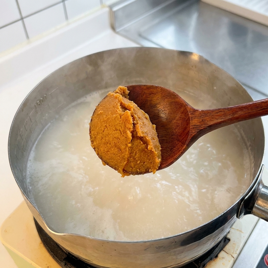 끓고 있는 뼈 육수에 미소 된장을 풀어 넣는 모습.