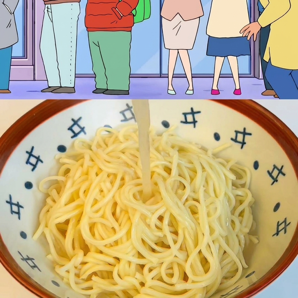 젓가락으로 두툼한 고기 조각을 면 위에 올리는 모습.