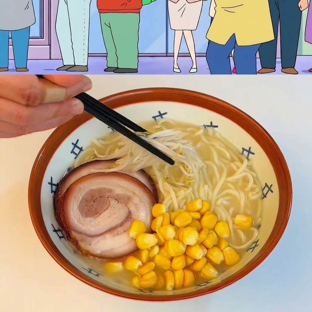 완성된 라멘 위에 옥수수, 숙주, 죽순, 대파, 버터 한 조각을 올린 모습.