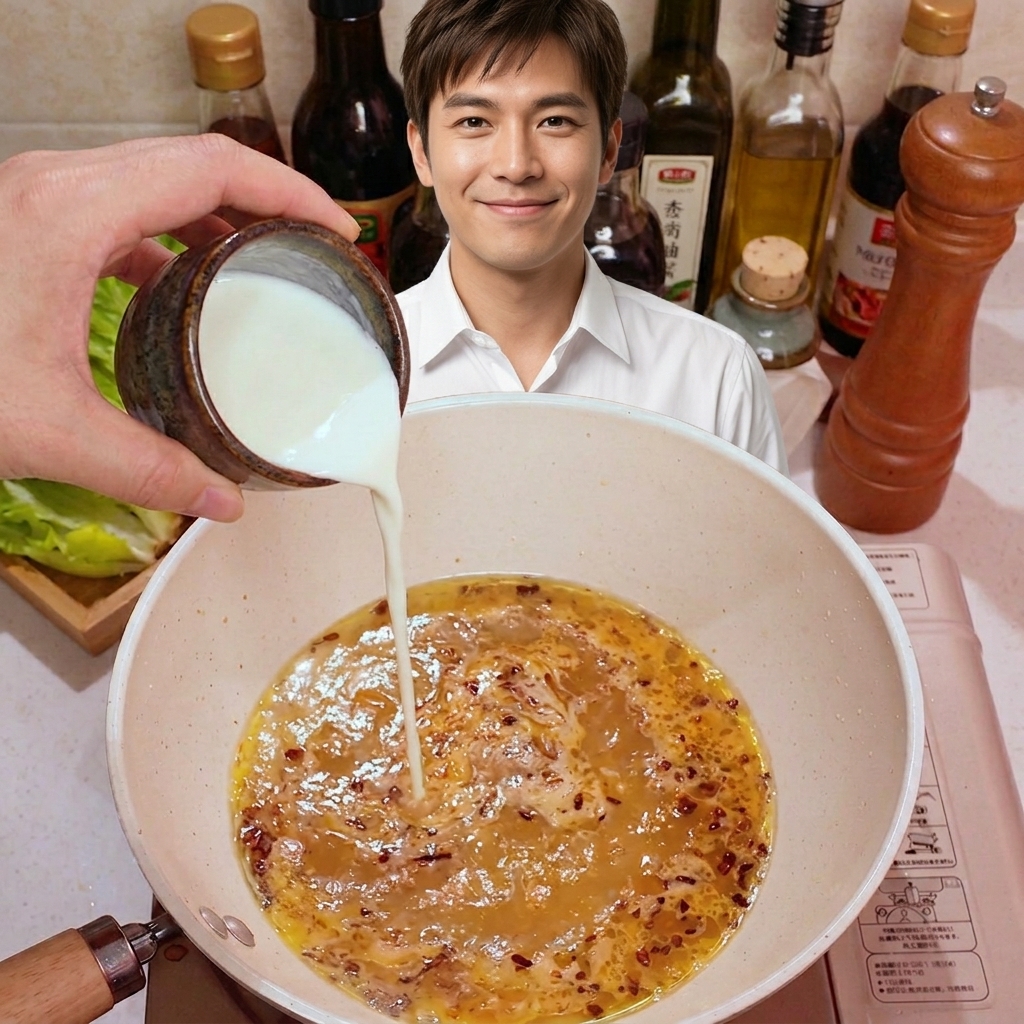 우유를 붓고 끓이는 마늘 미소 혼합물.