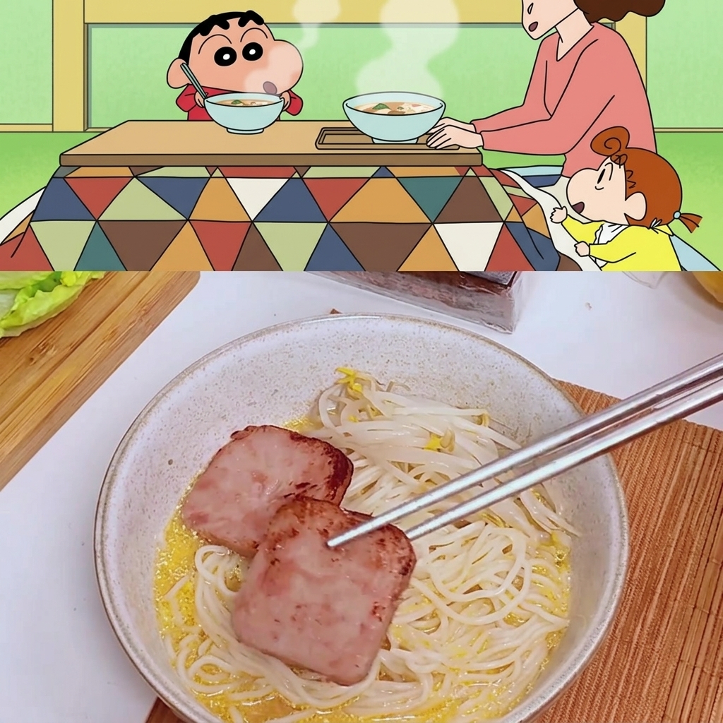 그릇에 담긴 면 위에 구운 스팸 두 조각을 올리는 모습.