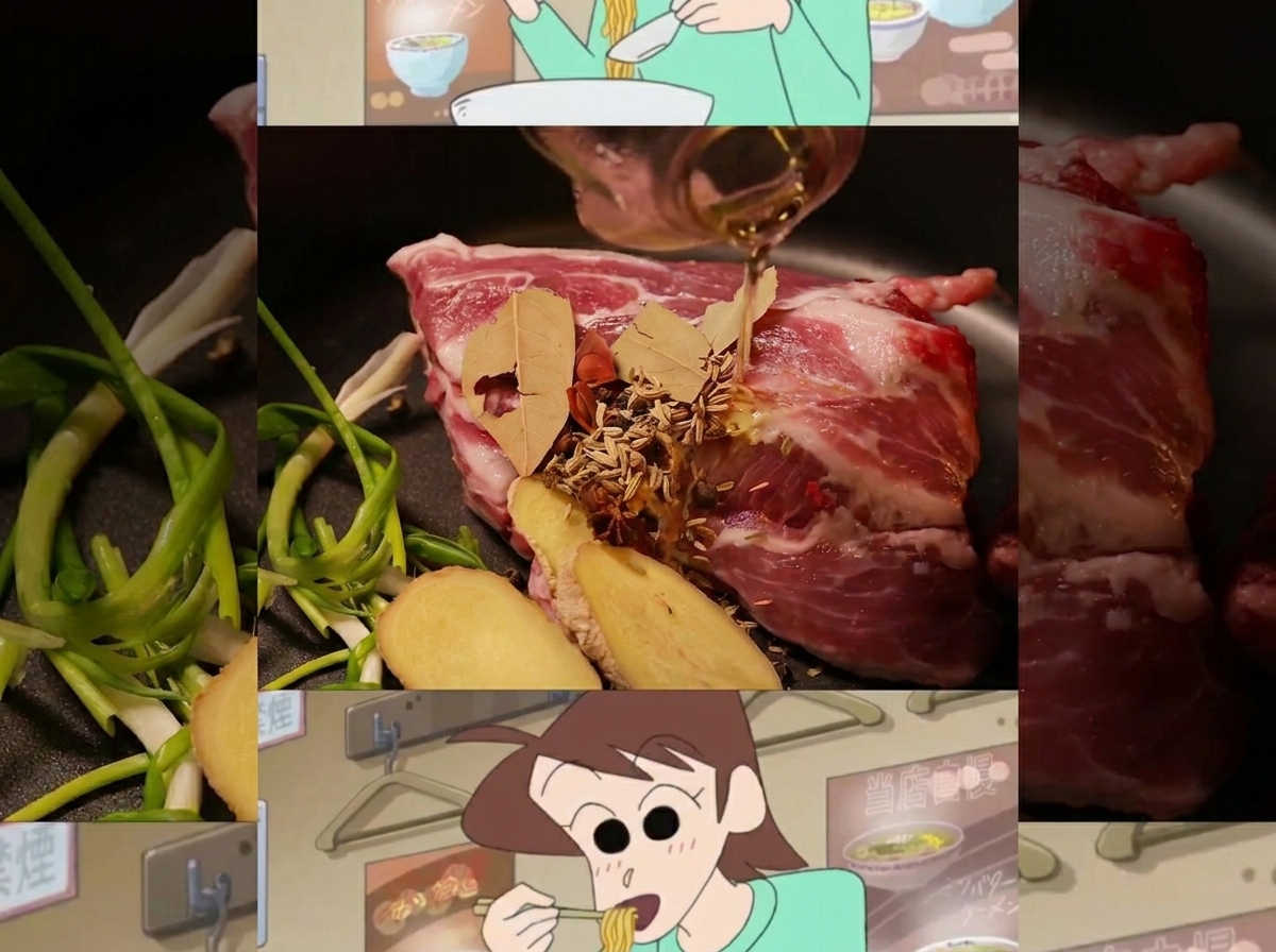 큰 냄비에 돼지 뼈, 생강, 향신료를 넣고 끓이는 모습.