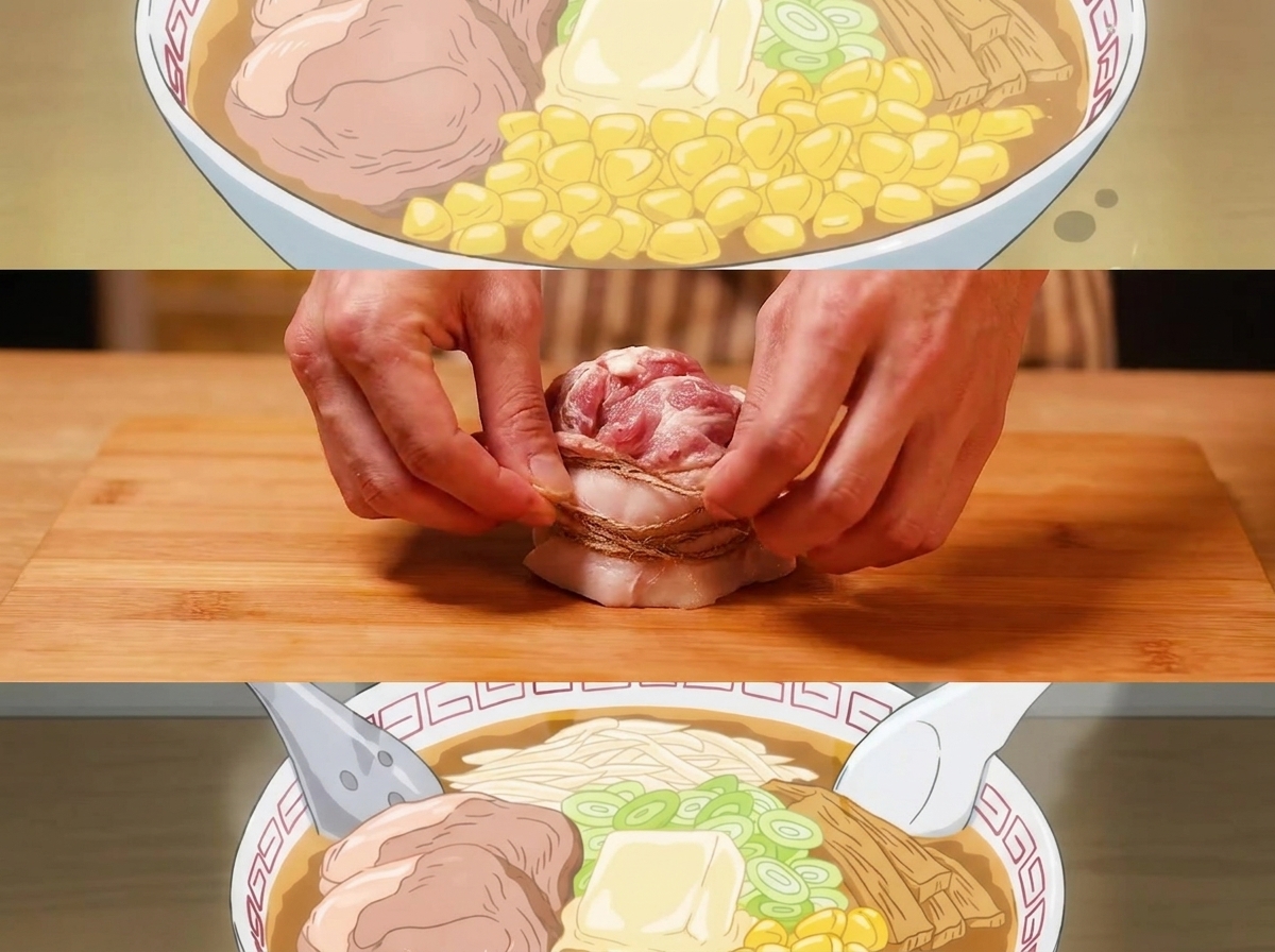도마 위에서 돼지 삼겹살을 돌돌 말아 명주실로 묶는 모습.