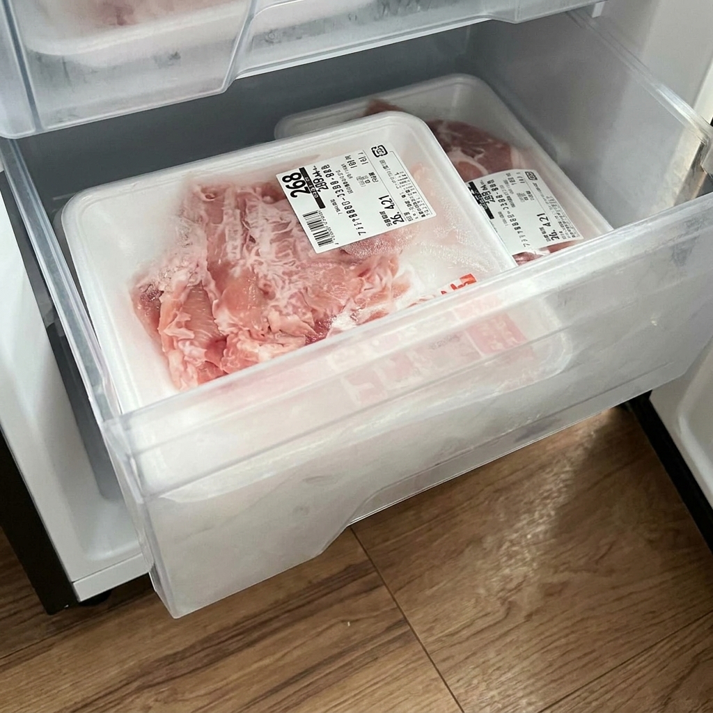 전자레인지 안에 담긴 냉동 닭고기 포장