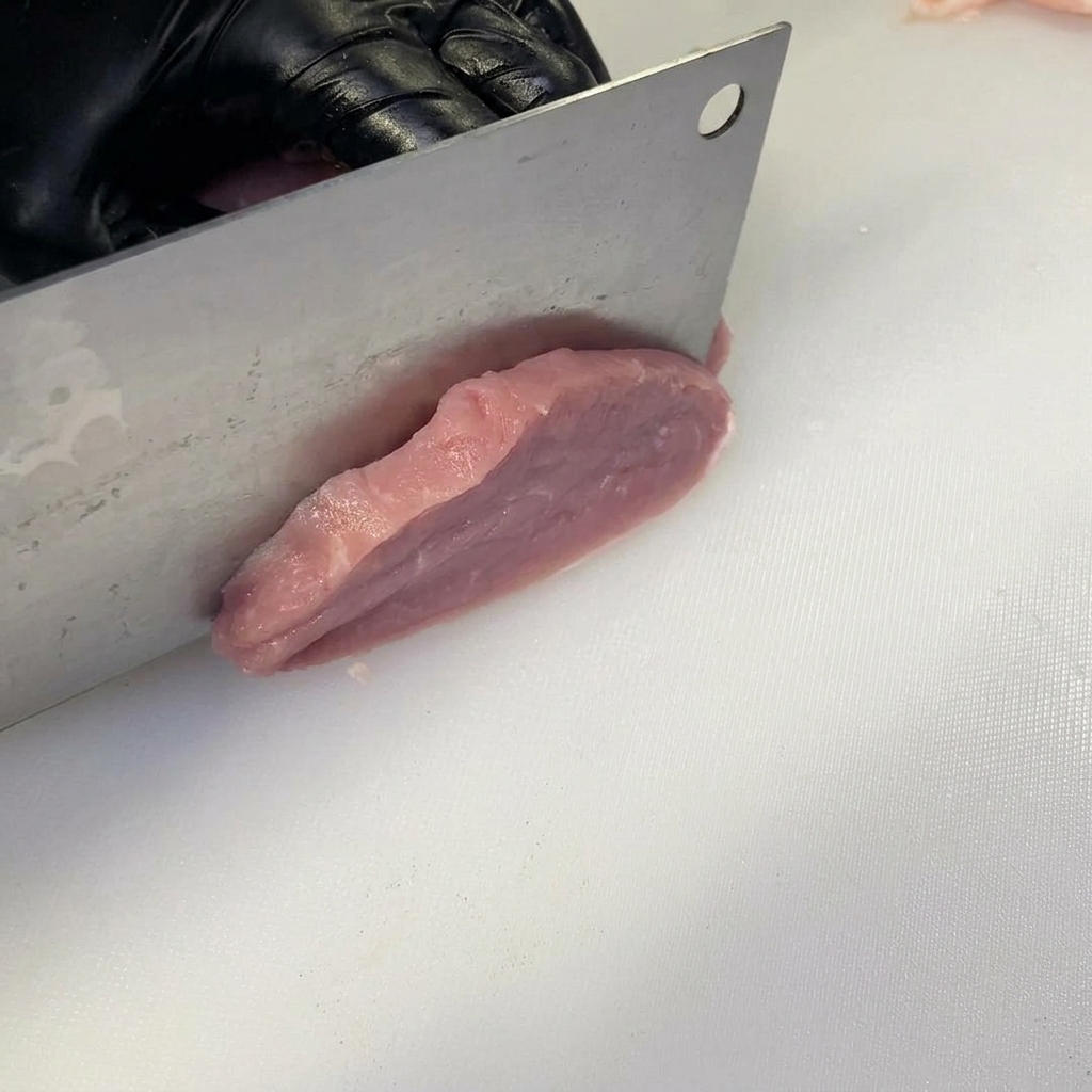 장갑을 낀 손으로 도마 위의 등심에 일정한 간격으로 칼집을 넣는 모습.