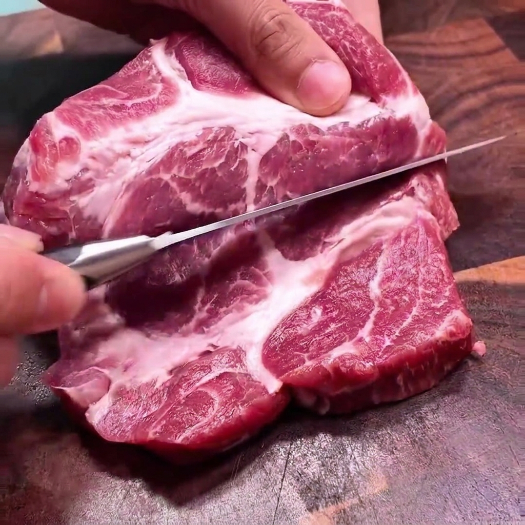 도마 위에서 두꺼운 생돼지고기를 식칼로 반으로 가르는 모습.