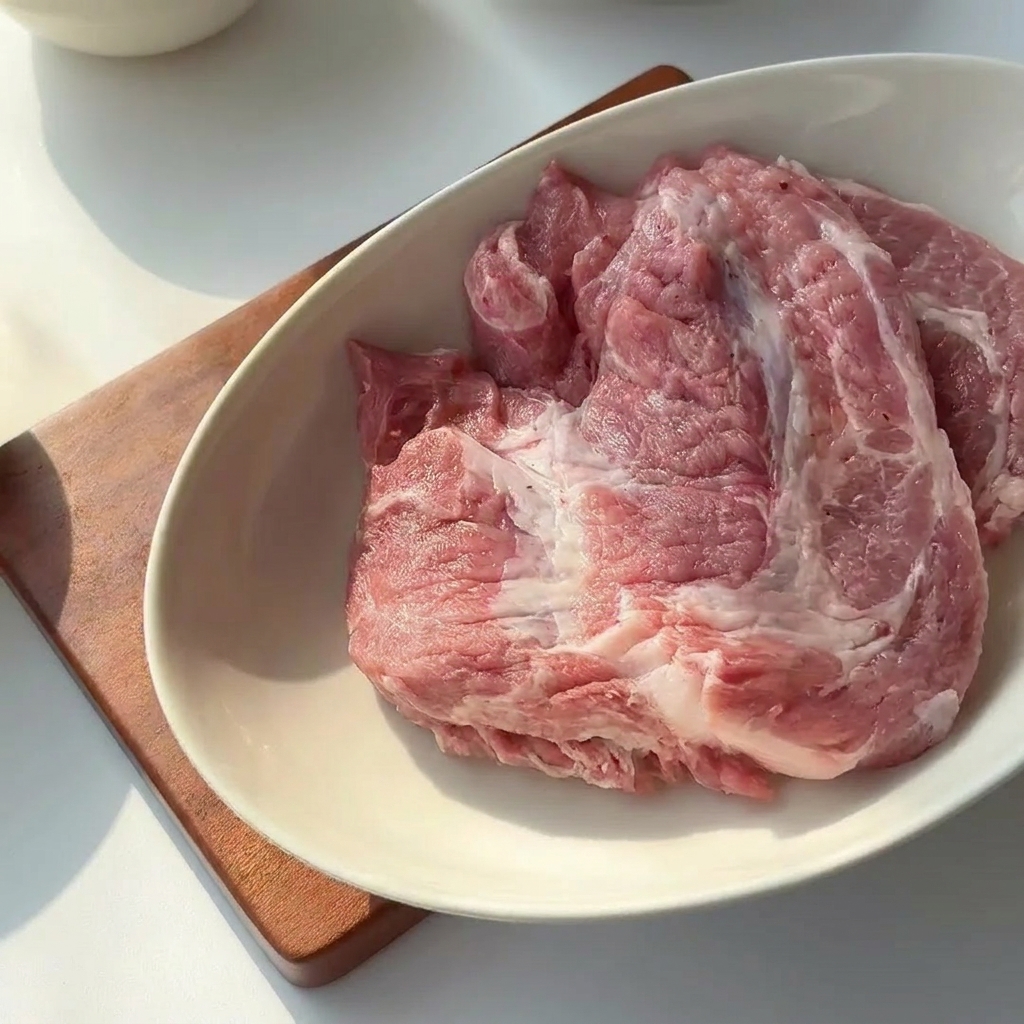 액체 양념과 하얀 전분 가루가 묻은 돼지고기가 흰 그릇에 담겨 있는 모습.