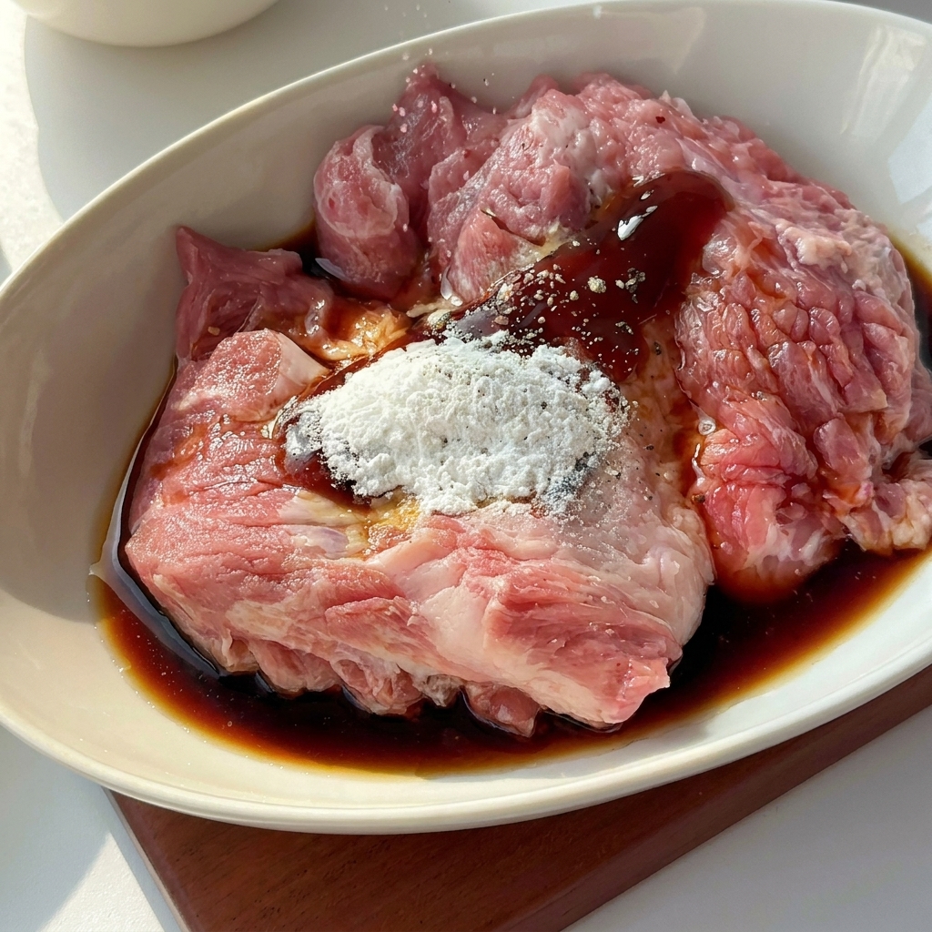 장갑을 낀 손으로 흰색 세라믹 볼 안에서 양념된 돼지고기를 버무리는 모습.