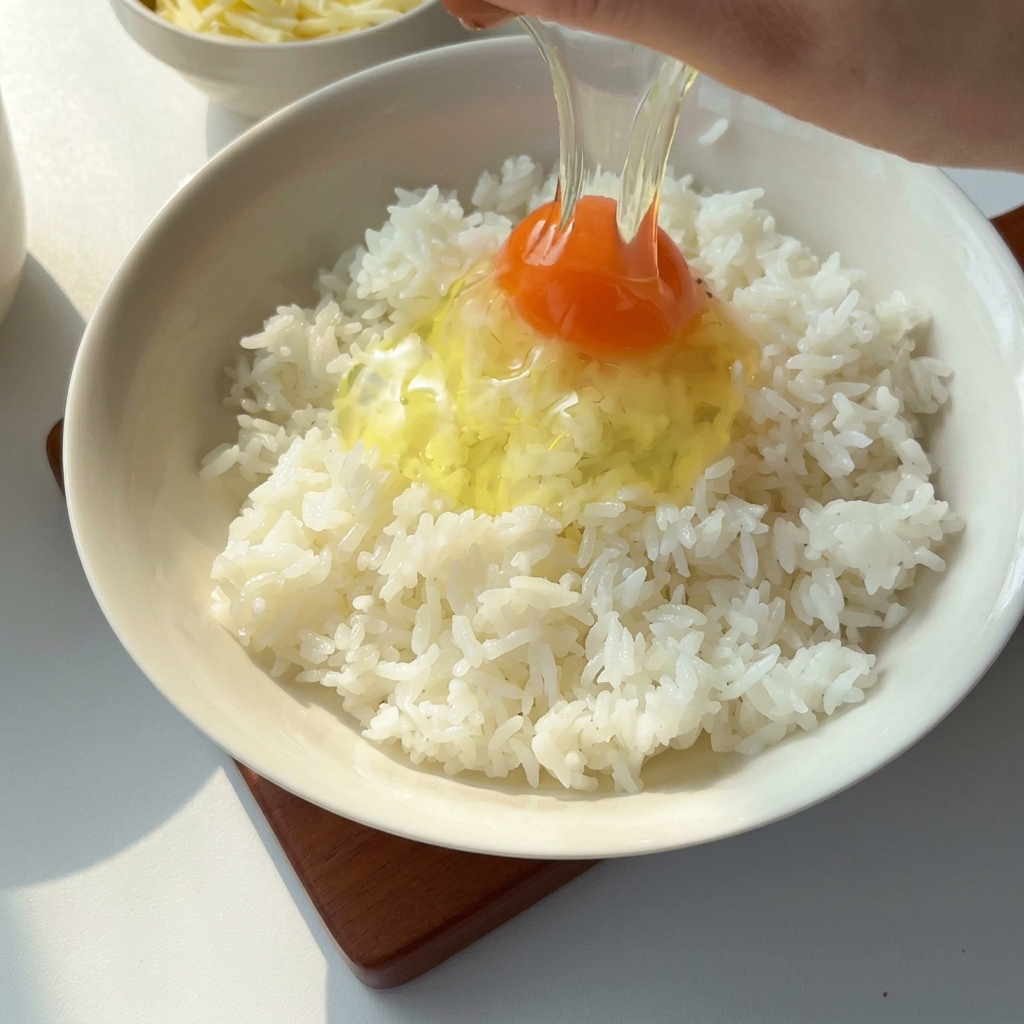 익힌 백미밥 위에 날계란을 깨트려 넣는 모습.
