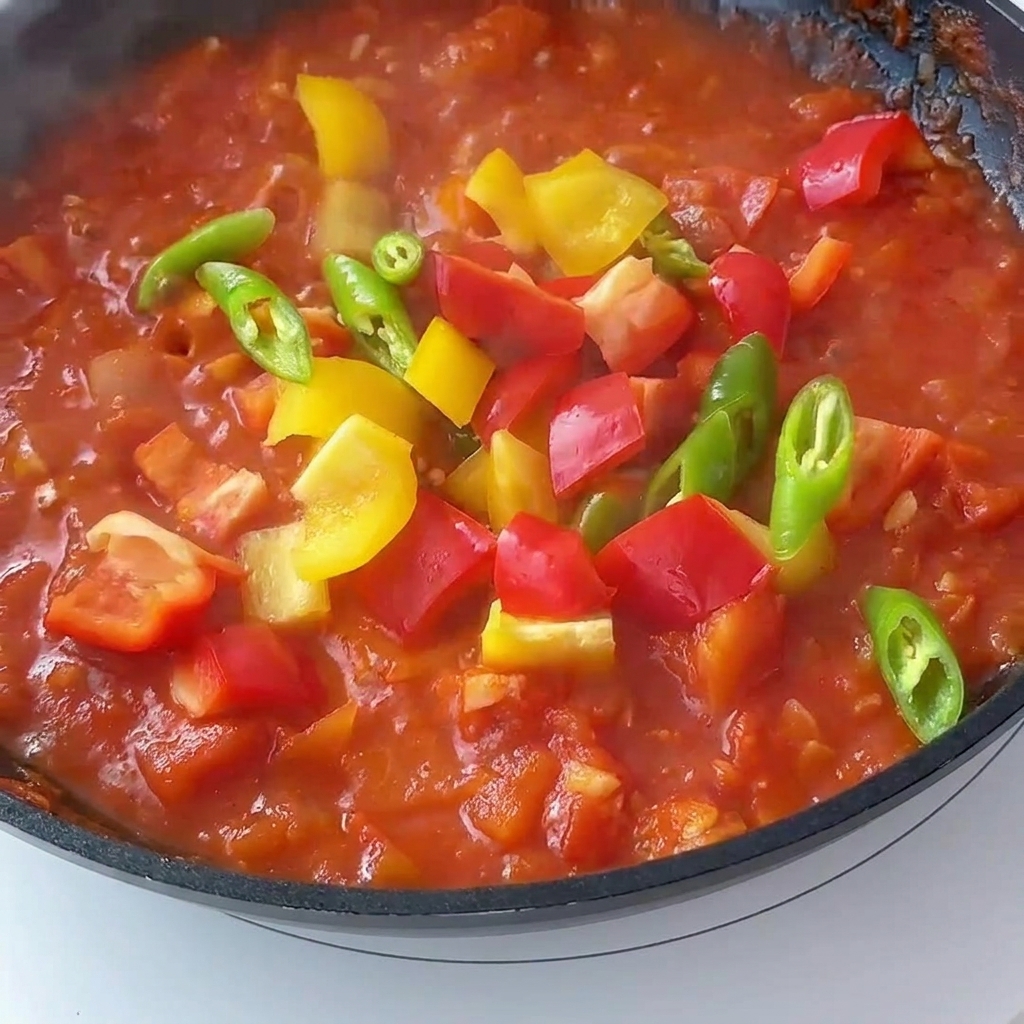 끓고 있는 토마토 소스에 다채로운 색상의 다진 피망을 넣는 모습.