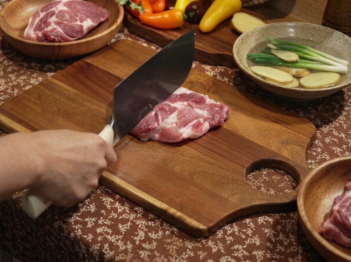 도마 위에서 간장, 굴소스, 설탕, 소금, 후추로 양념한 돈가스용 돼지고기.