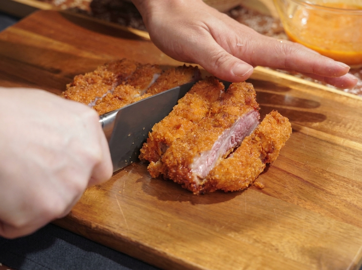 나무 도마 위에서 날카로운 칼로 바삭한 돈카츠를 먹기 좋게 써는 모습.