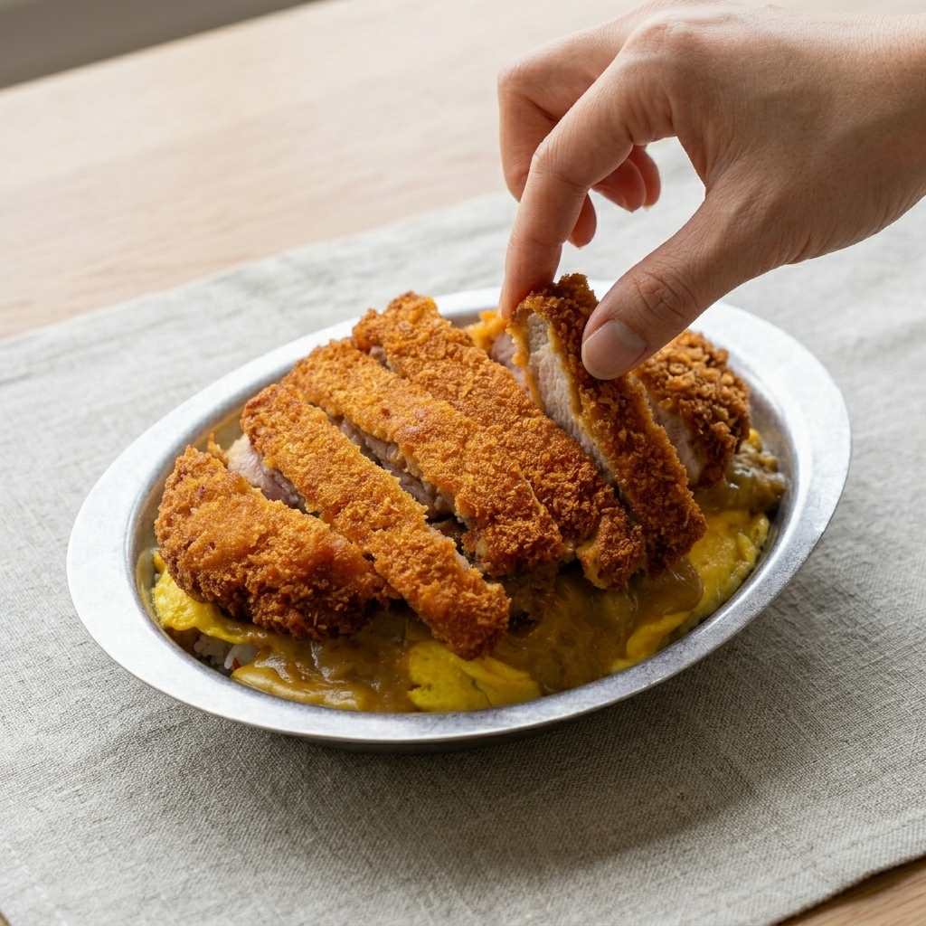 카레와 계란이 얹힌 덮밥 위에 썰어놓은 황금빛 바삭한 돈까스를 올리는 모습.