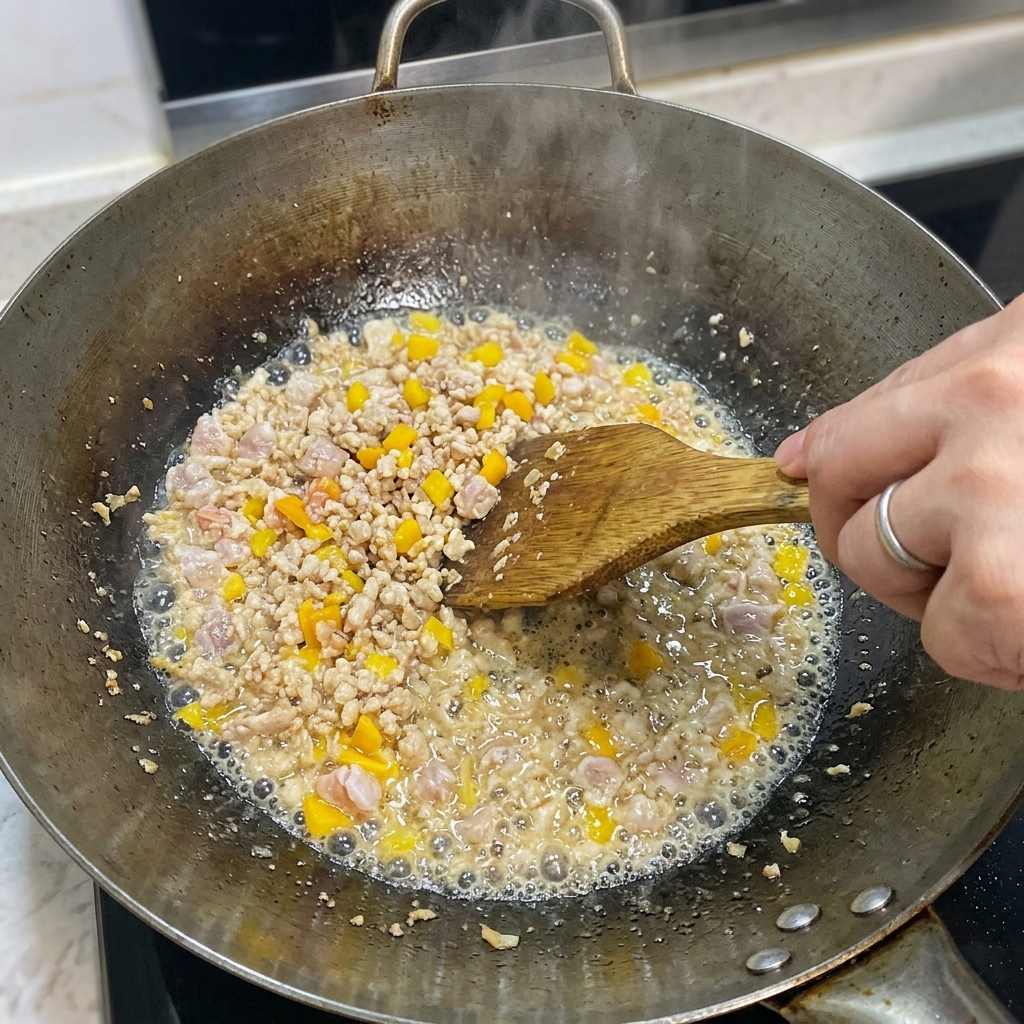 다진 생강, 마늘, 쪽파 흰 부분을 고기 및 새우와 함께 볶는 모습.