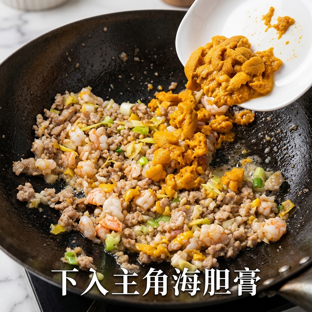 볶은 재료에 성게알 페이스트를 넣는 모습.