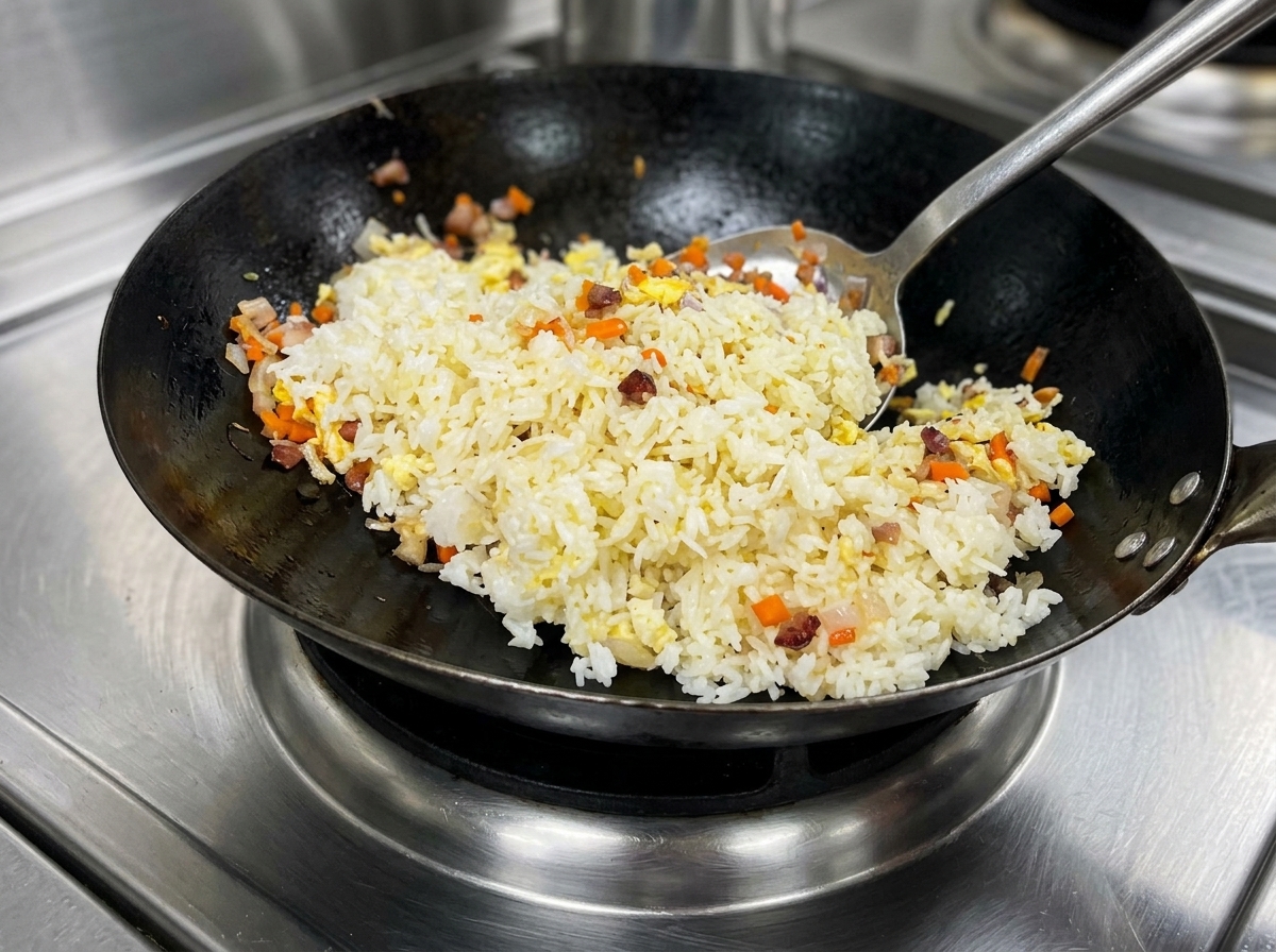 센 불에 올려진 큰 웍 안에서 노란 밥, 고기, 채소가 화려하게 섞이도록 힘차게 웍질을 하는 모습.