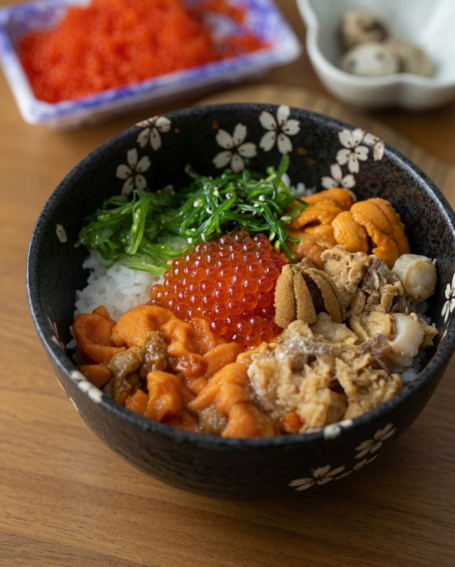 해산물과 밥이 담긴 일본풍 그릇에 선명한 녹색의 해초 샐러드를 올리는 클로즈업.