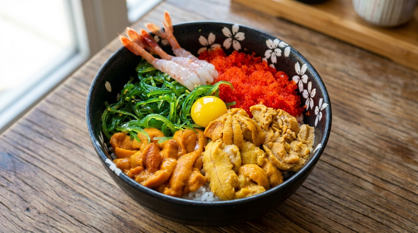 따뜻한 밥 위에 신선한 성게알, 날치알, 해초 샐러드, 단새우를 올리고 생 메추리알 노른자를 곁들인 먹음직스러운 우니동.