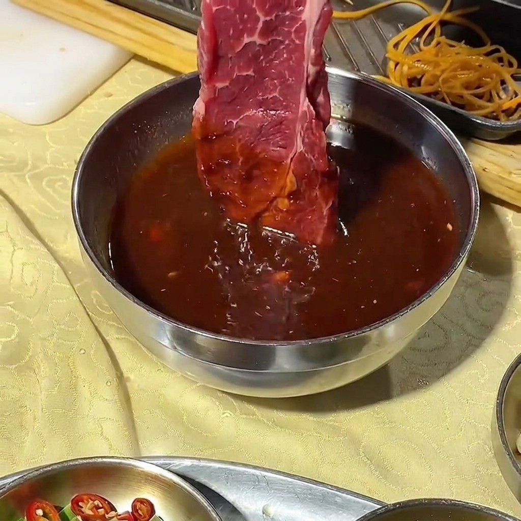 검은색 한국식 바비큐 양념이 담긴 금속 그릇에 생소고기를 담그는 모습.