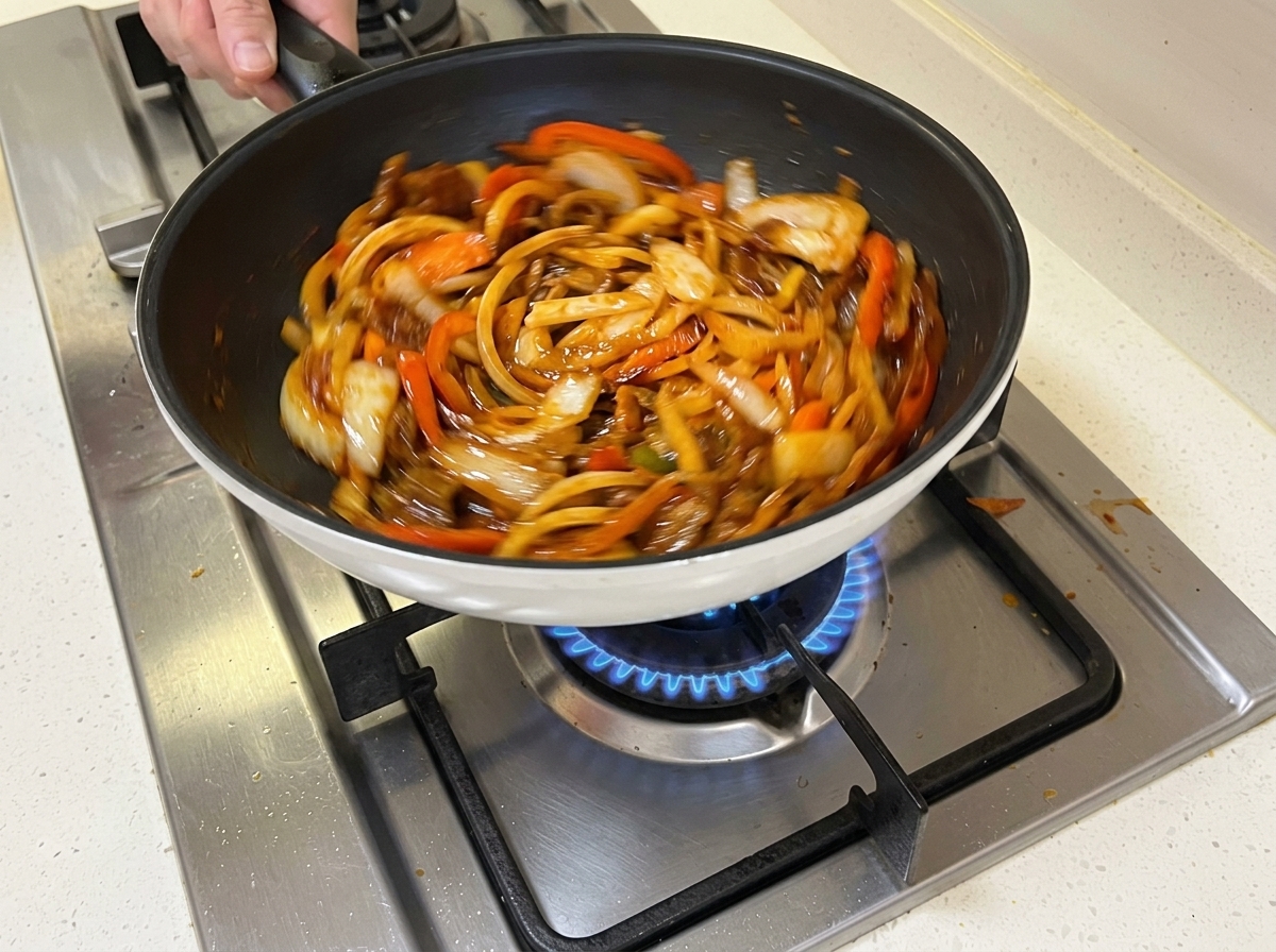 채 썬 양파와 당근을 넣고 함께 볶는 모습.