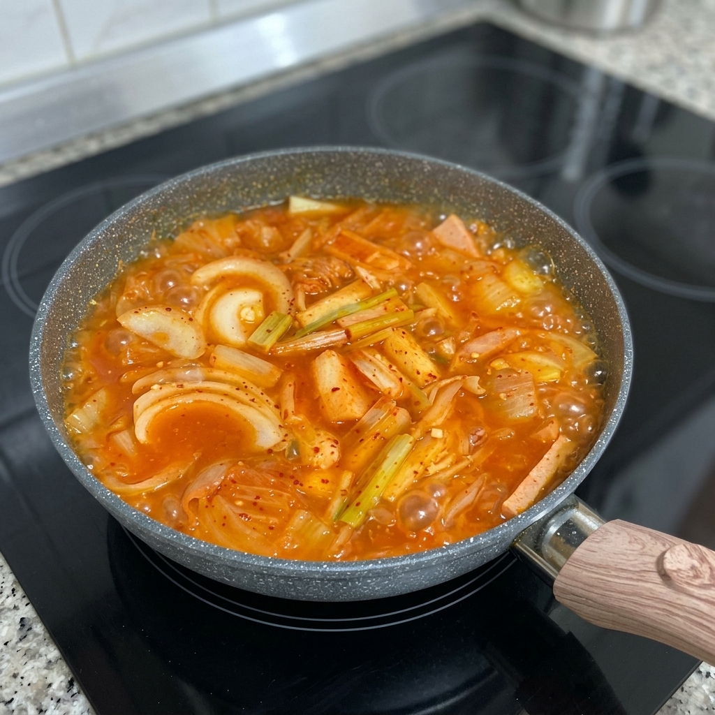 나무 도마 위에서 신선한 삼겹살을 썰고 있는 칼.