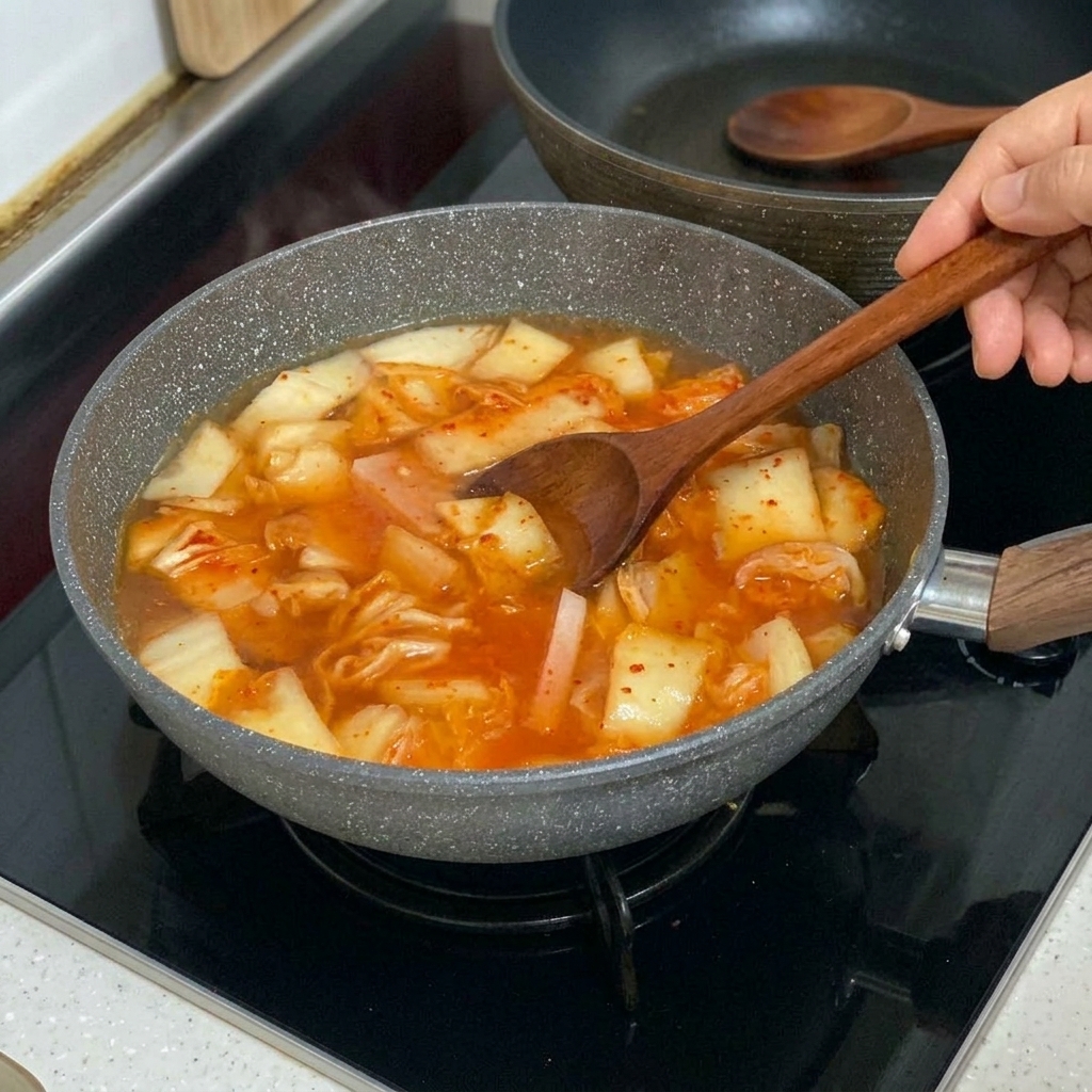 보글보글 끓는 빨간 김치찌개에 하얀 두부 조각을 조심스럽게 넣는 모습.