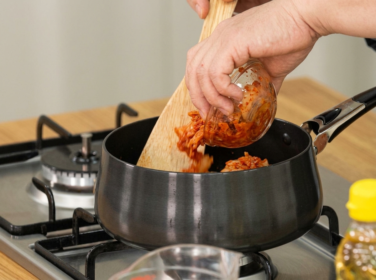 냄비에 잘 익은 김치를 넣고 볶는 모습.