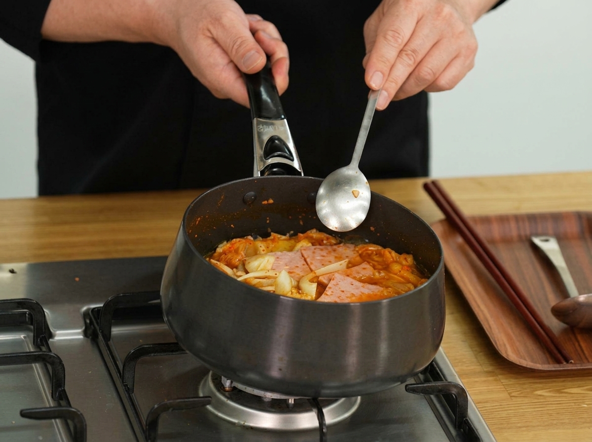 찌개에 고춧가루와 건새우를 넣는 모습.