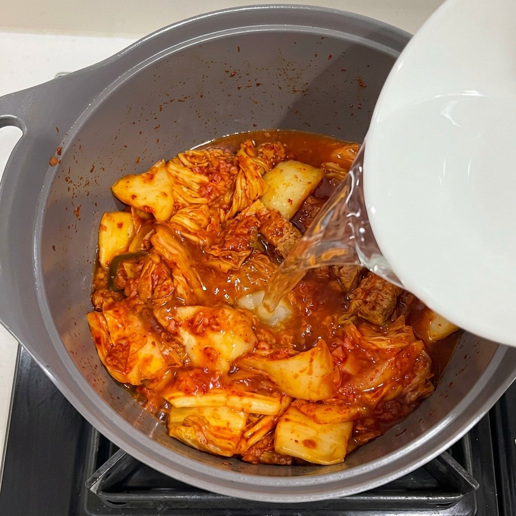 스팸과 김치가 든 냄비에 물을 붓고 다진 마늘을 넣는 모습.