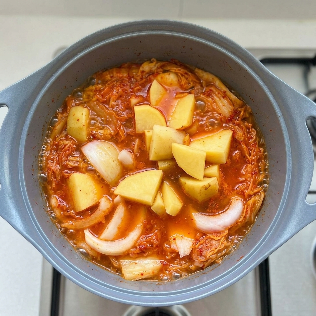 찌개에 간장과 고춧가루를 넣어 간을 맞추는 모습.