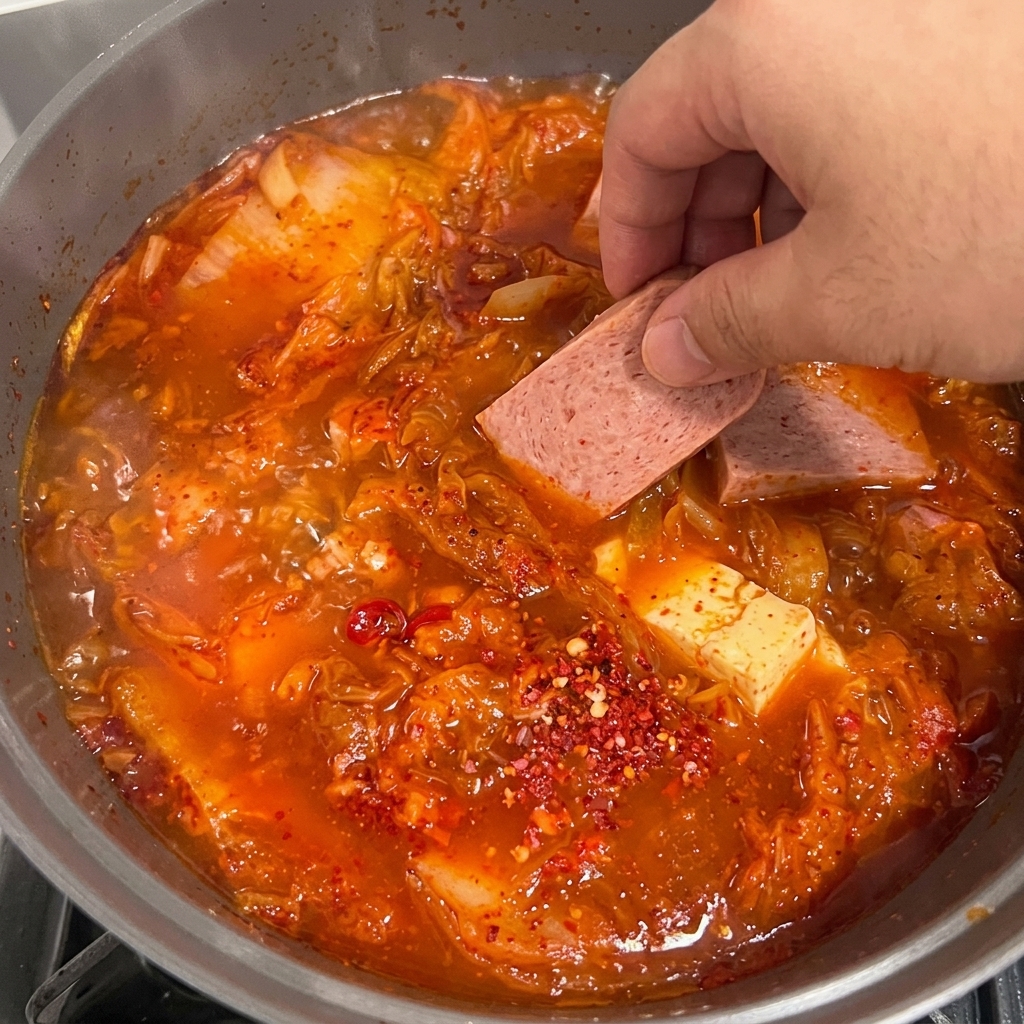 찌개 위에 슬라이스한 스팸과 두부를 정갈하게 올리는 모습.