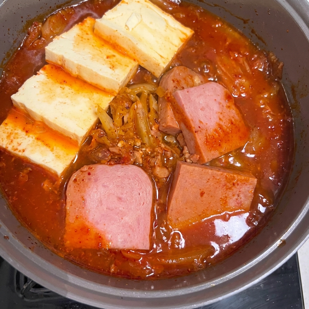 완성된 스팸 김치찌개 위에 고추와 대파를 올리는 모습.