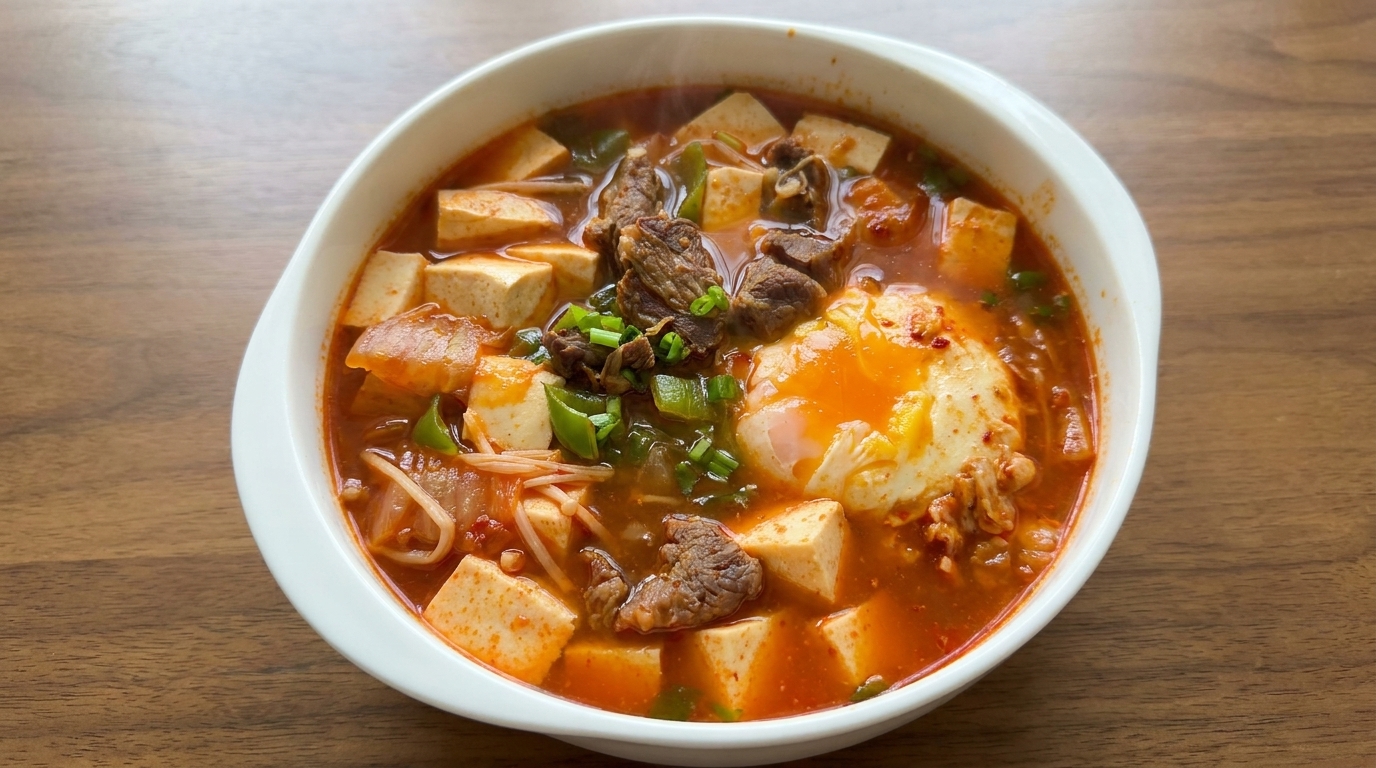 팬에 담긴 재료들 위로 미리 만들어 둔 매콤한 붉은 양념장을 붓는 모습.